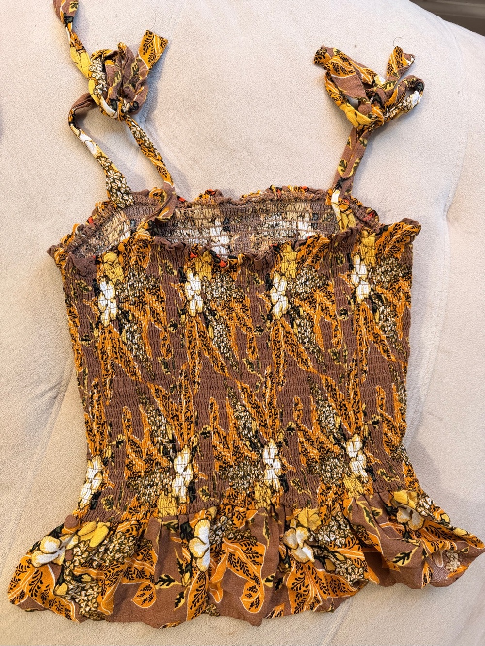 Rachel roy Floral Smocked Tank Top in Mustard Brown